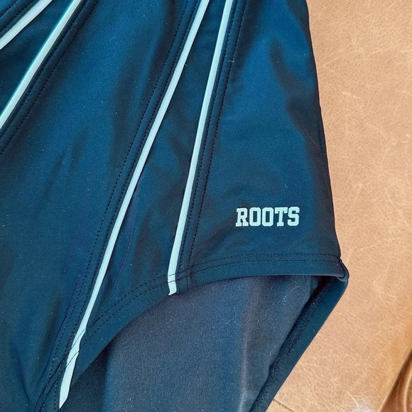 Roots black swimsuit with  white stripe design front - Size 12 - Picture 2 of 4